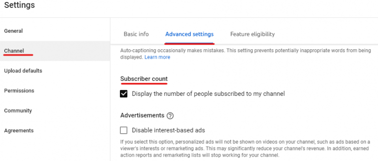 YouTube channel settings